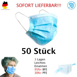 Atem-Schutz-Maske 50 Stk. 3 Lagig BFE: 95+% PFE:30+% Anti-Staub-Tropfen-Bakteriel Einweg